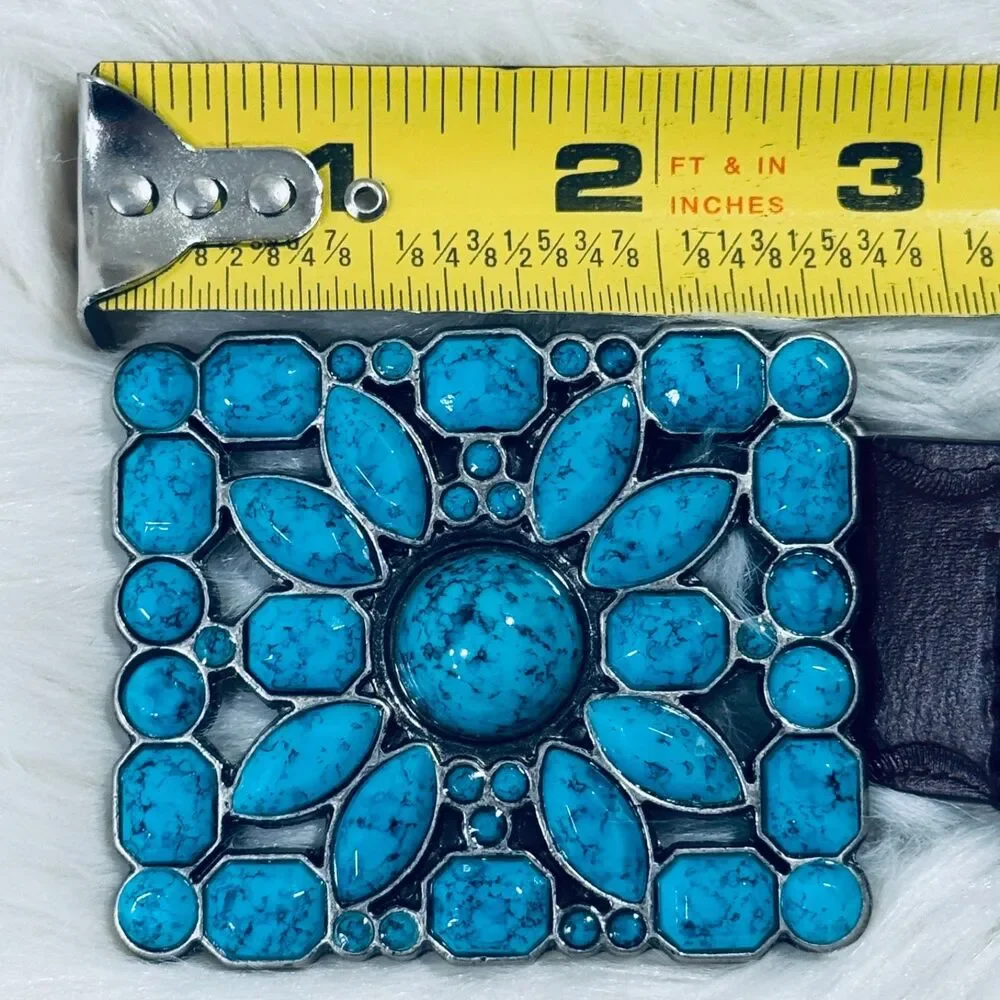 Western Boho Faux Turquoise Mosaic Buckle Belt Brown M (29.5-33.5) Waist Cowgirl